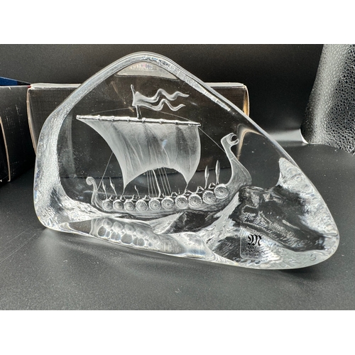 131 - Four Mats Jonasson Art Glass Sculptors including Wolf, Viking Boat, Hedgehog + Signature Bird