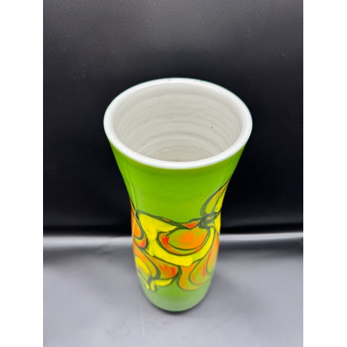 143 - Large green, yellow, orange Delphis cylindrical Poole Pottery vase - 40cm x 12.5cm