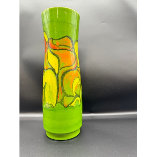 143 - Large green, yellow, orange Delphis cylindrical Poole Pottery vase - 40cm x 12.5cm