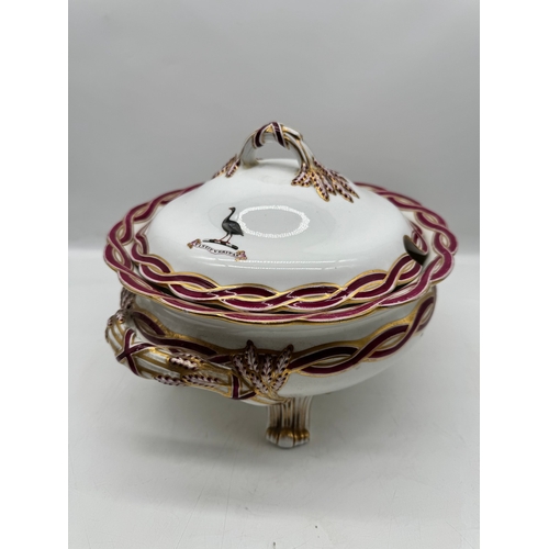 228 - 19th century porcelain tureen hand painted with Vincit Veritas emblem A/F