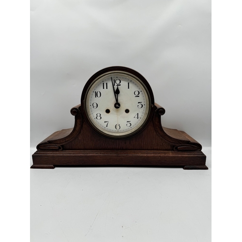 238 - Large Oak cased Mantle Clock with key - 54cm x 15cm x 30cm