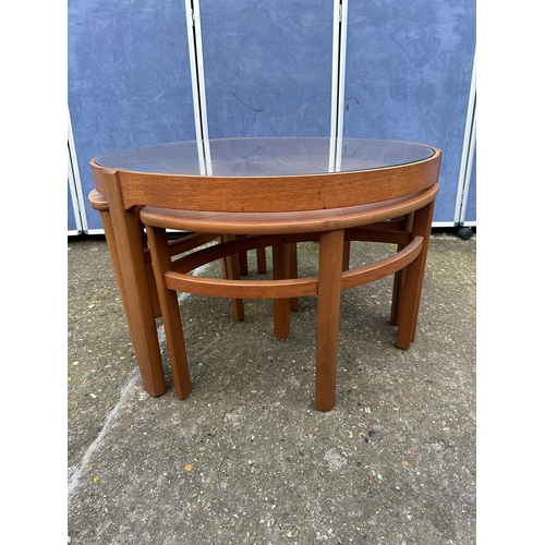 478 - Mid century Nathan Trinity teak & Glass top rounded coffee table with space saving removable side ta... 