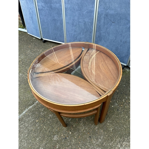 478 - Mid century Nathan Trinity teak & Glass top rounded coffee table with space saving removable side ta... 