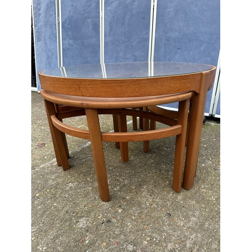 478 - Mid century Nathan Trinity teak & Glass top rounded coffee table with space saving removable side ta... 