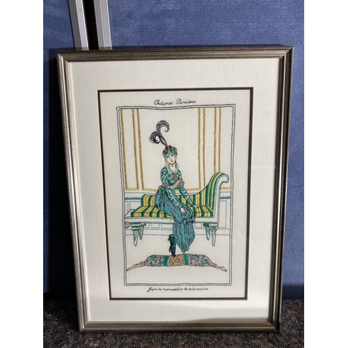 517 - A trio of framed embroidery French Art Deco fashion designs