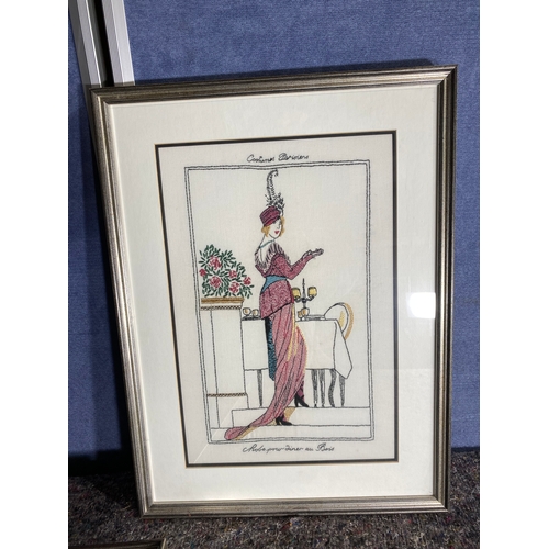 517 - A trio of framed embroidery French Art Deco fashion designs