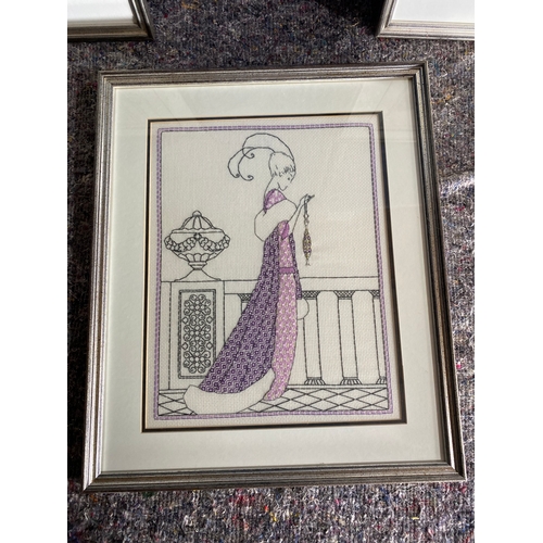 517 - A trio of framed embroidery French Art Deco fashion designs