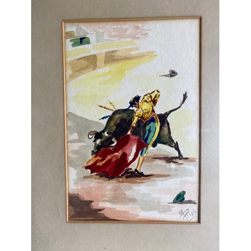 537 - Original signed water colour of a bull fighter by M Pios.