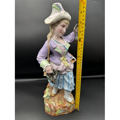 22 - Vintage Bavarian ceramic figurine of hunter woman holding game 40cm - A/F