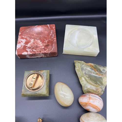 30 - Collection of polishes stone / marble eggs + Green Onyx ashtrays / lighter / box