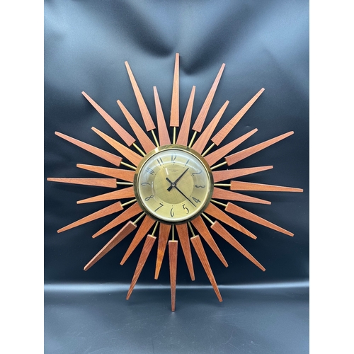 32 - Mid Century Teak & Brass Anstey & Wilson Star Burst Clock - 64cm