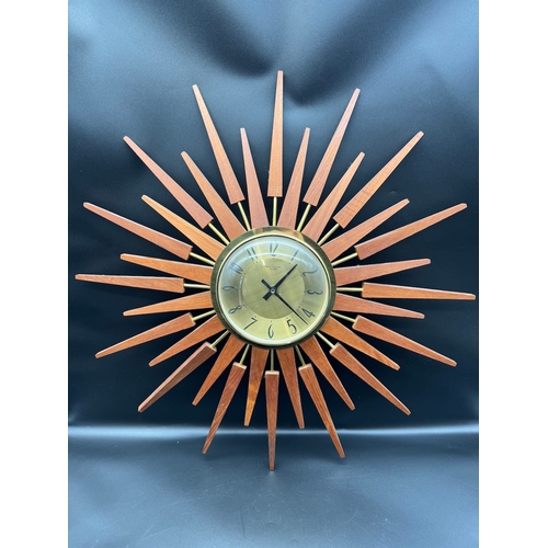 32 - Mid Century Teak & Brass Anstey & Wilson Star Burst Clock - 64cm