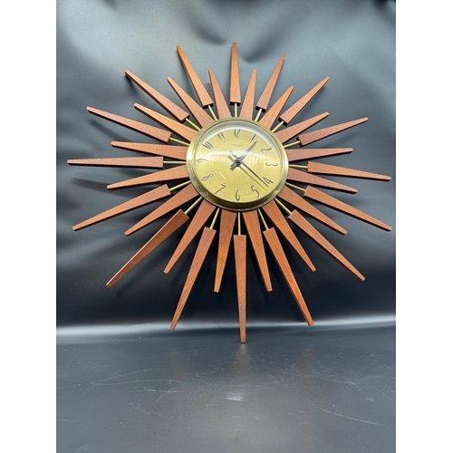 32 - Mid Century Teak & Brass Anstey & Wilson Star Burst Clock - 64cm