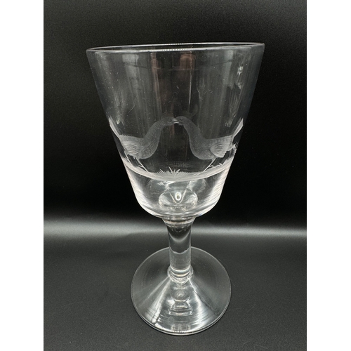 33 - Four Vintage Crystal Wine Glasses with Grouse Mating Ritual Scene - 20cm