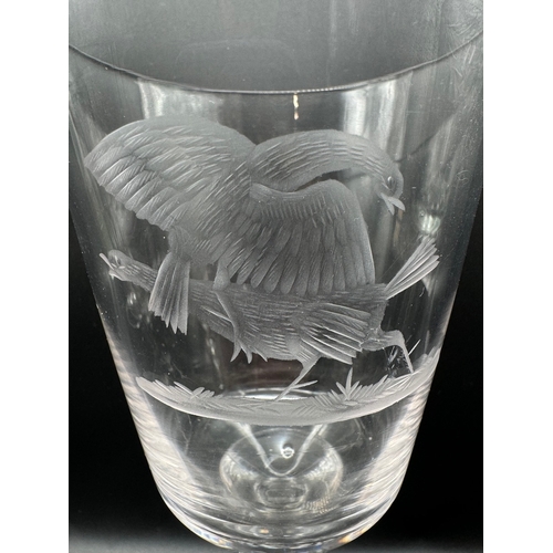 33 - Four Vintage Crystal Wine Glasses with Grouse Mating Ritual Scene - 20cm