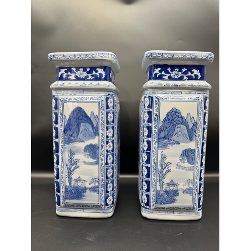 39 - Vintage Pair of High Square Blue & White Chinese Vases on stands - 42cm