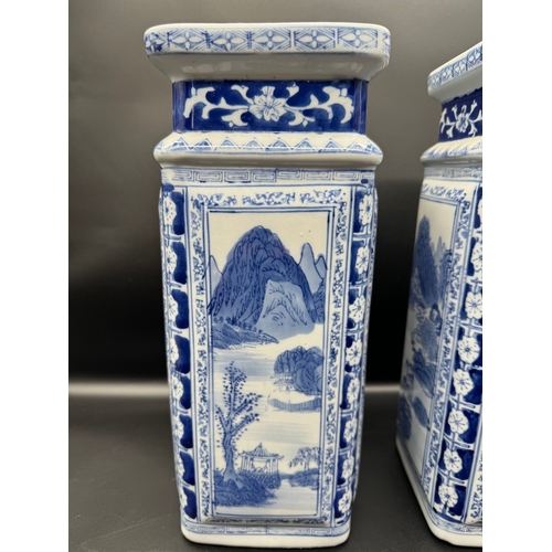 39 - Vintage Pair of High Square Blue & White Chinese Vases on stands - 42cm