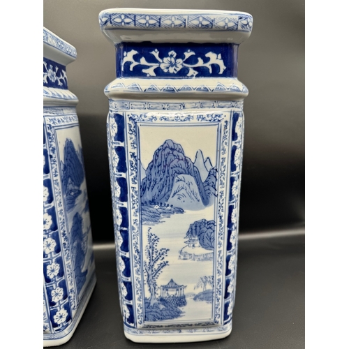 39 - Vintage Pair of High Square Blue & White Chinese Vases on stands - 42cm