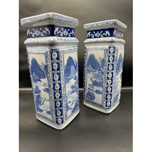 39 - Vintage Pair of High Square Blue & White Chinese Vases on stands - 42cm