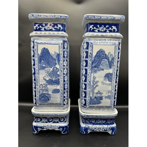 39 - Vintage Pair of High Square Blue & White Chinese Vases on stands - 42cm