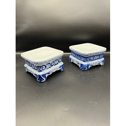 39 - Vintage Pair of High Square Blue & White Chinese Vases on stands - 42cm