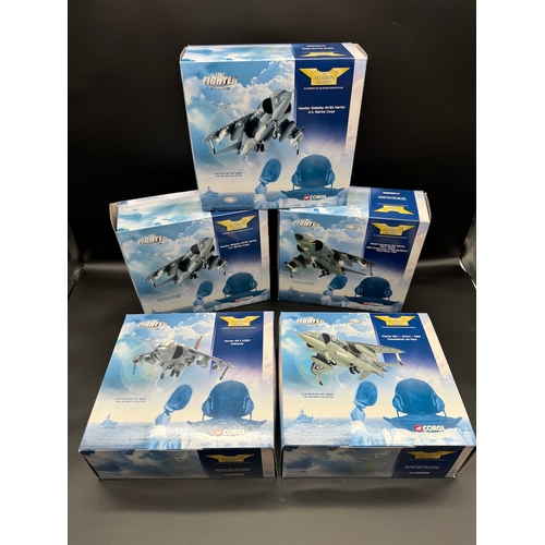 63 - Five Corgi Jet Fighter Hawker & Harrier Models - AA32404, AA32401, AA32403, AA32405 + AA32403