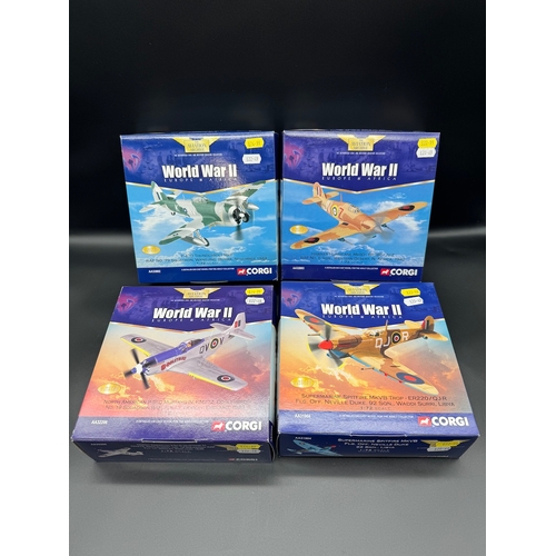 67 - Four Corgi Model Aircraft WW2 - AA32206 P-51D Mustang, AA31904 Supermarine Spitfire MkVB, AA32003 Ha... 