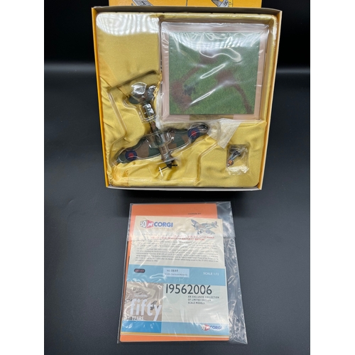 86 - Two Corgi WW2 Model Aircrafts with resin figure, replica of pilots notes, presentation plinth and an... 