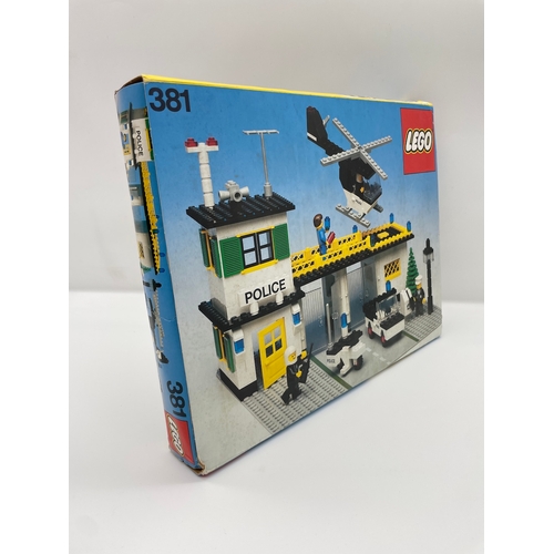 111 - Vintage Lego 381 Police Headquarters complete with box, instructions, pieces and minifigures