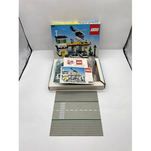 111 - Vintage Lego 381 Police Headquarters complete with box, instructions, pieces and minifigures