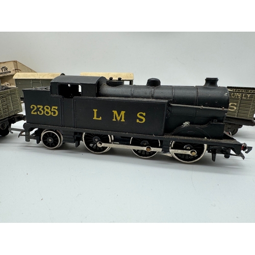 123 - Wrenn W2215 Tank Locomotive 0-6-2 LMS 2385 in black + Trix Twin Railway Tin Plate Wagons / Coal Vans