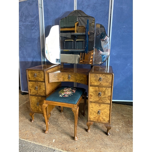 319 - Vintage Harrods art deco style Burr Walnut dressing table and embroided stool. 

Please see images f... 