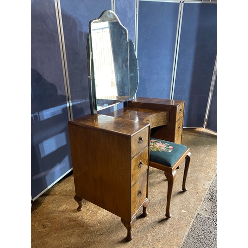 319 - Vintage Harrods art deco style Burr Walnut dressing table and embroided stool. 

Please see images f... 