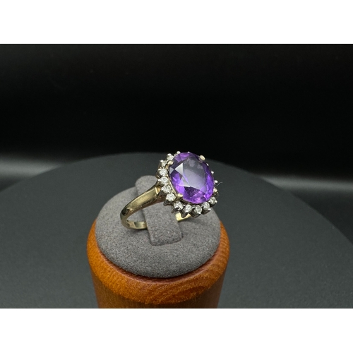 66 - 9ct Yellow Gold Amethyst & Diamond Cluster Ring - Size - S - 3g