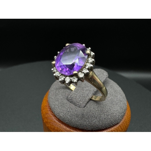 66 - 9ct Yellow Gold Amethyst & Diamond Cluster Ring - Size - S - 3g