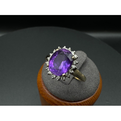 66 - 9ct Yellow Gold Amethyst & Diamond Cluster Ring - Size - S - 3g