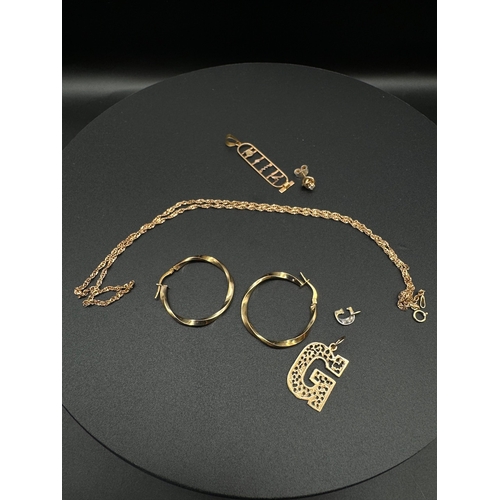 72 - Collection of 9ct yellow gold jewellery including hoop earrings, G Pendants, Egyptian Pendant + neck... 