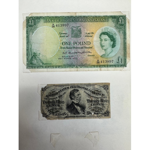 £1 Note Bank of Rhodesia & Nyasaland, Fractional Currency 25 Cents 1863 , William P. Fessenden + Two Bank of England 10 Shilling Notes