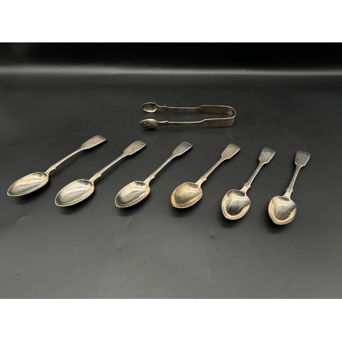 81 - Six Victorian Sterling Silver Tea Spoons + Tongs circa 1865 London - 187g