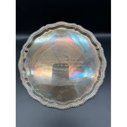 82 - Sterling Silver Salver Raised on Ball & Claw Feet Inscribed - Carr's of Sheffield 2002 - 354g