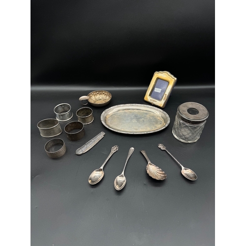 85 - Quantity of various Silver items including Georgian Scalloped Caddy Spoon, 800 silver salver, 19th c... 