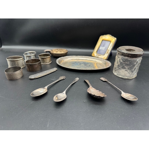 85 - Quantity of various Silver items including Georgian Scalloped Caddy Spoon, 800 silver salver, 19th c... 