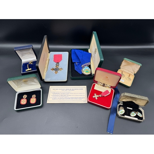 87 - George V OBE with matching cufflinks, miniature OBE + Sterling Silver & Enamel Past Chairman Nationa... 