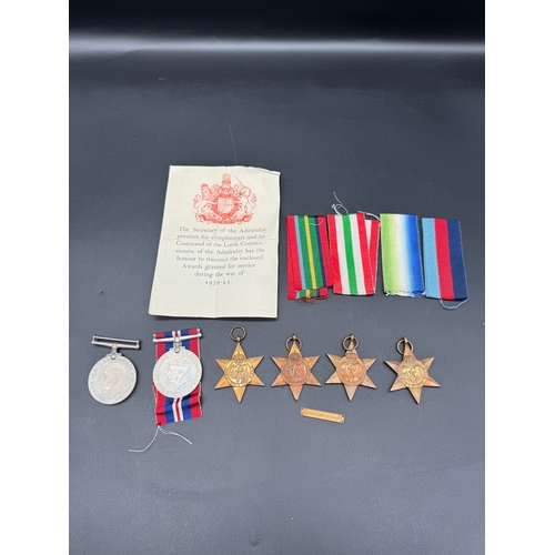 88 - Group of six WW2 Service Medals including Defence & War Medal, Italy Star, Atlantic Star w/ France &... 