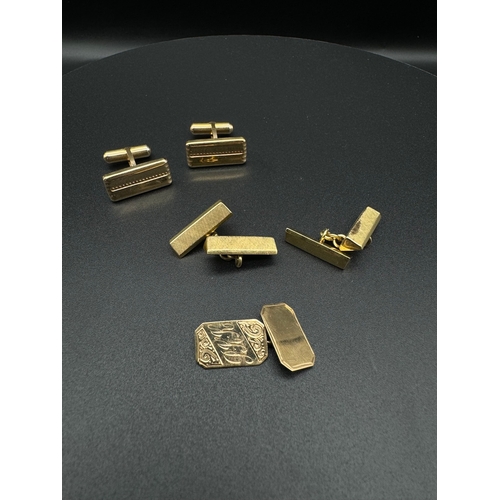 91 - 9ct yellow gold bar cufflinks, 9ct engraved cufflink + French CIB Gold plated cufflinks - 12.7g