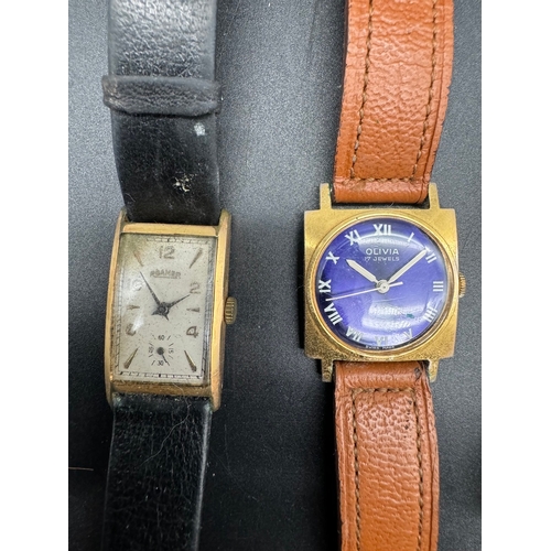 96 - Five Vintage gents wrist watches + Mercedes Watch including Olivia blue dial & gold tone case, Edox ... 