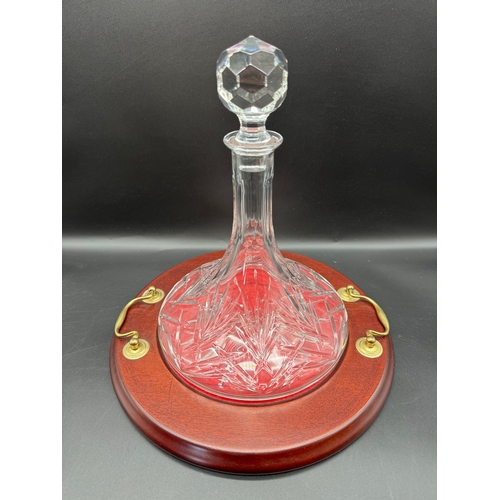 50 - Crystal Ships Decanter on Mahogany display base with brass drop handles