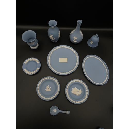 53 - Collection of Wedgwood Blue Jasper ware Cameo Plates, Vases, Bell + Caddy Spoon