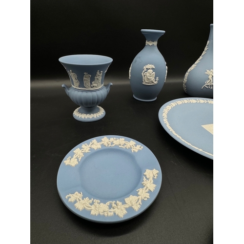 53 - Collection of Wedgwood Blue Jasper ware Cameo Plates, Vases, Bell + Caddy Spoon