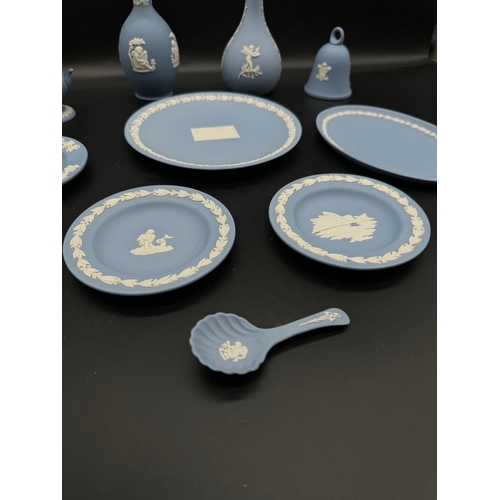 53 - Collection of Wedgwood Blue Jasper ware Cameo Plates, Vases, Bell + Caddy Spoon